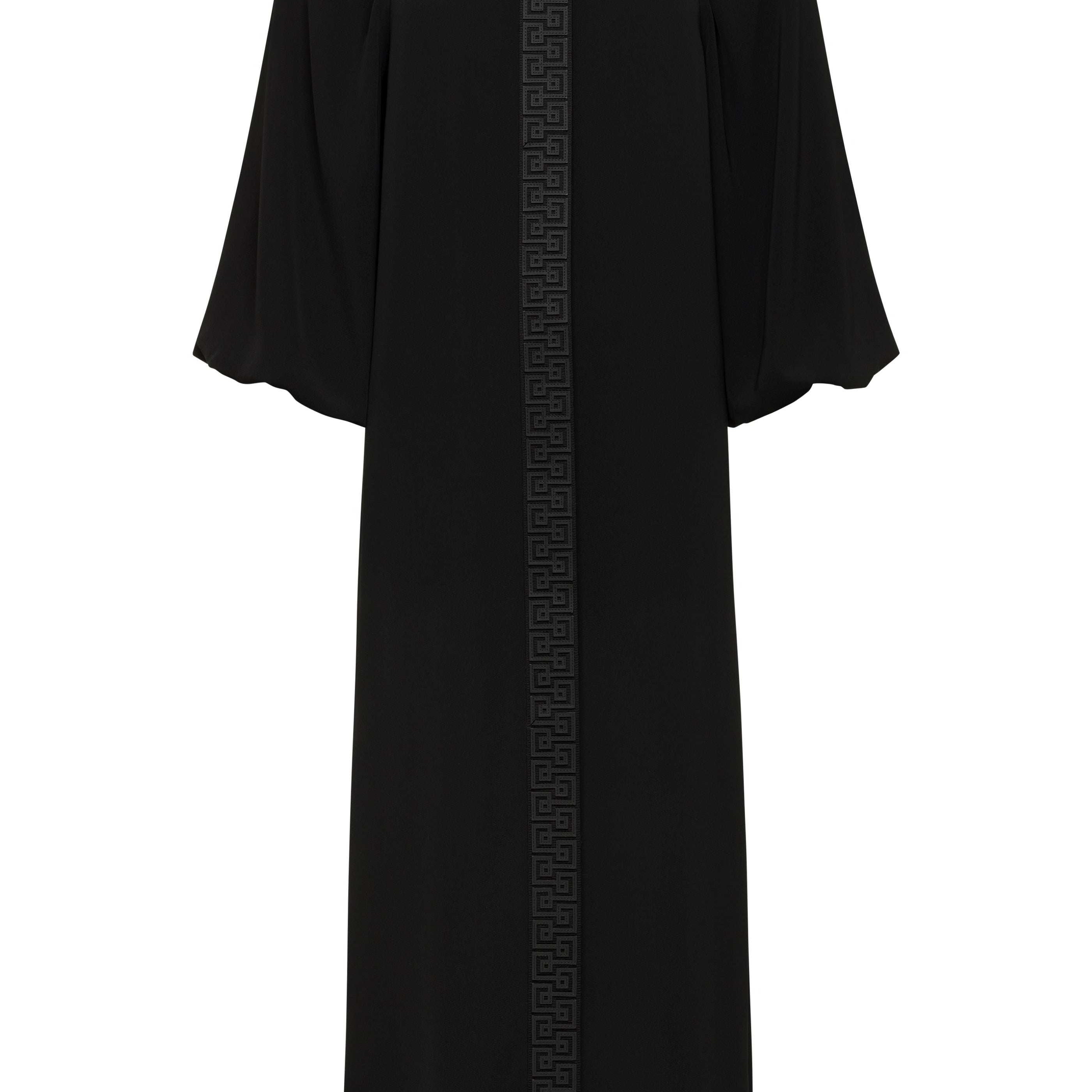 Black Fall Hampton Dress with leather Greek key detail on front placket