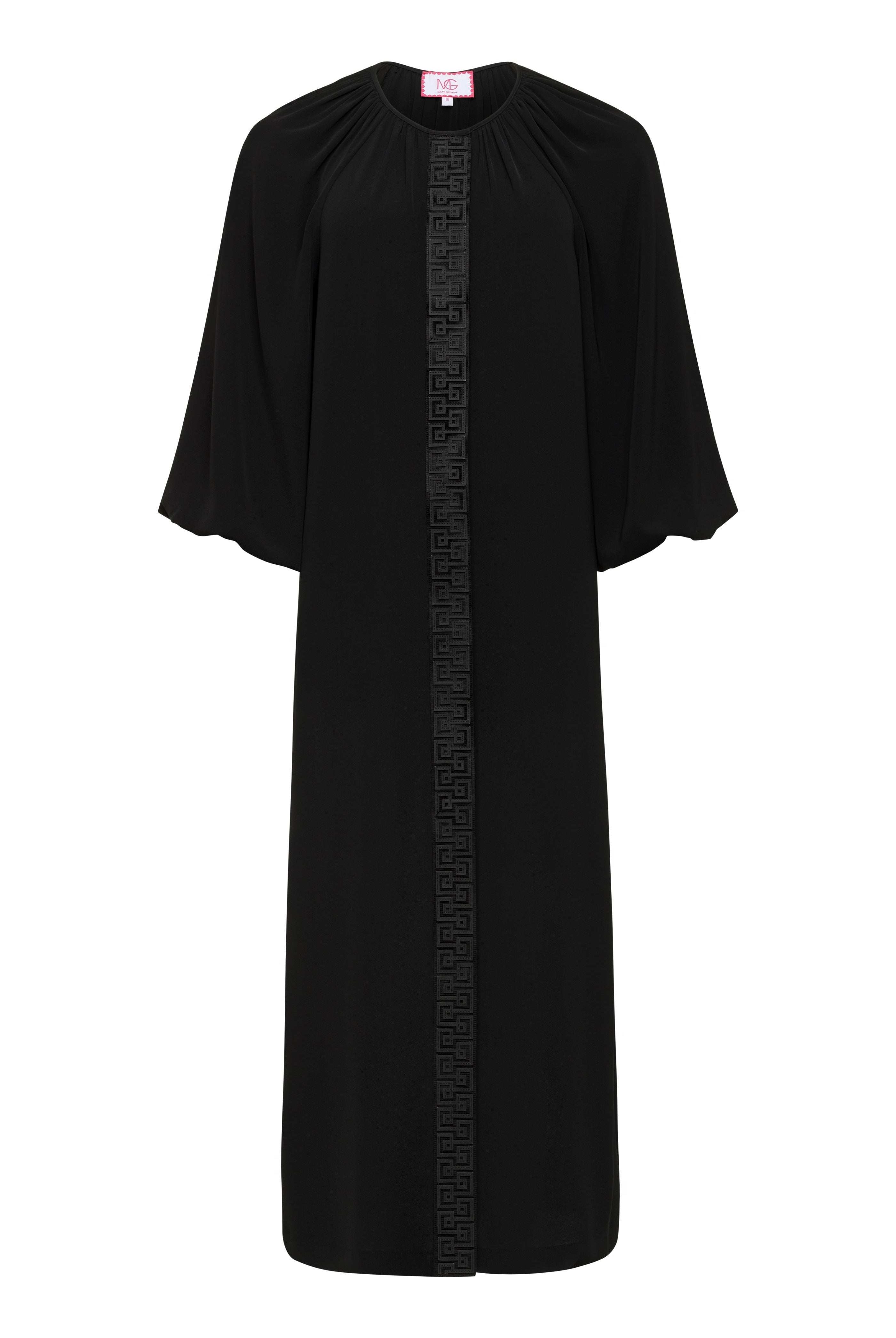 Black Fall Hampton Dress with leather Greek key detail on front placket