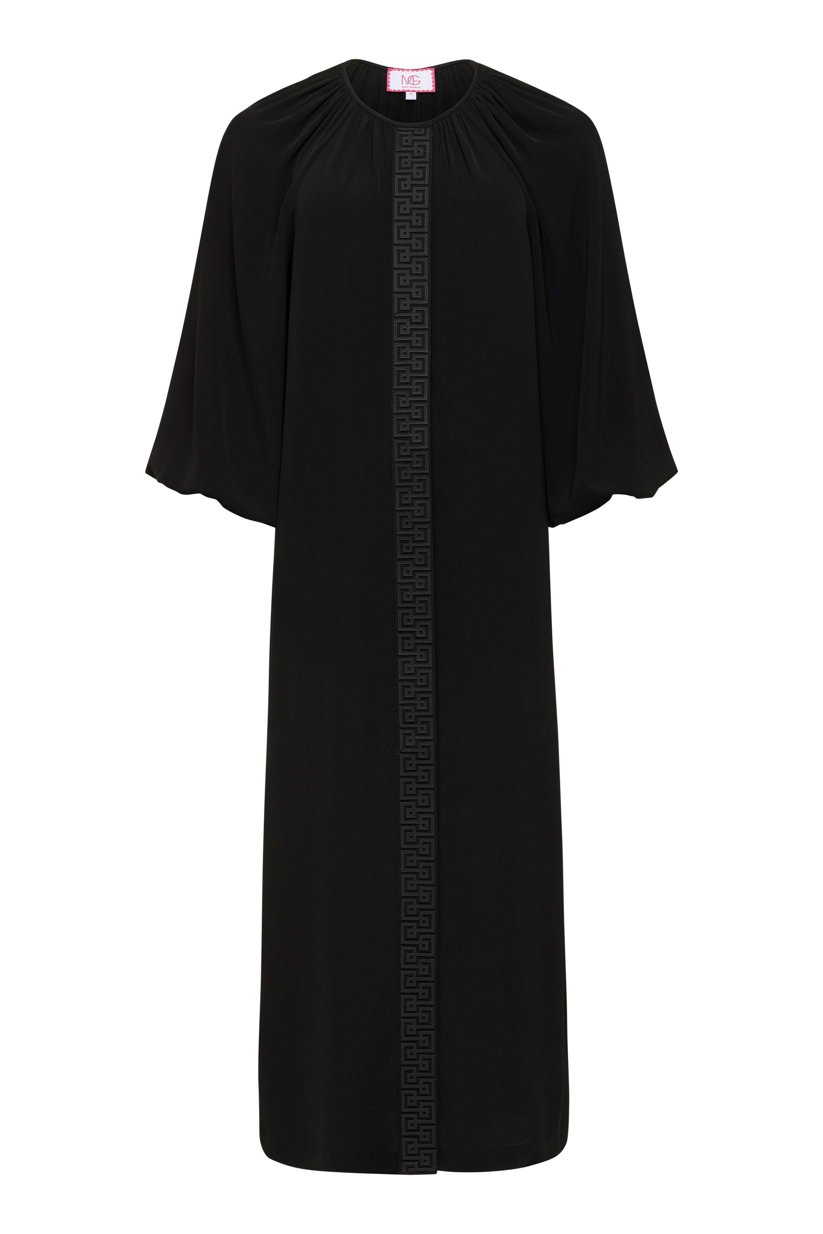 Black Fall Hampton Dress with leather Greek key detail on front placket