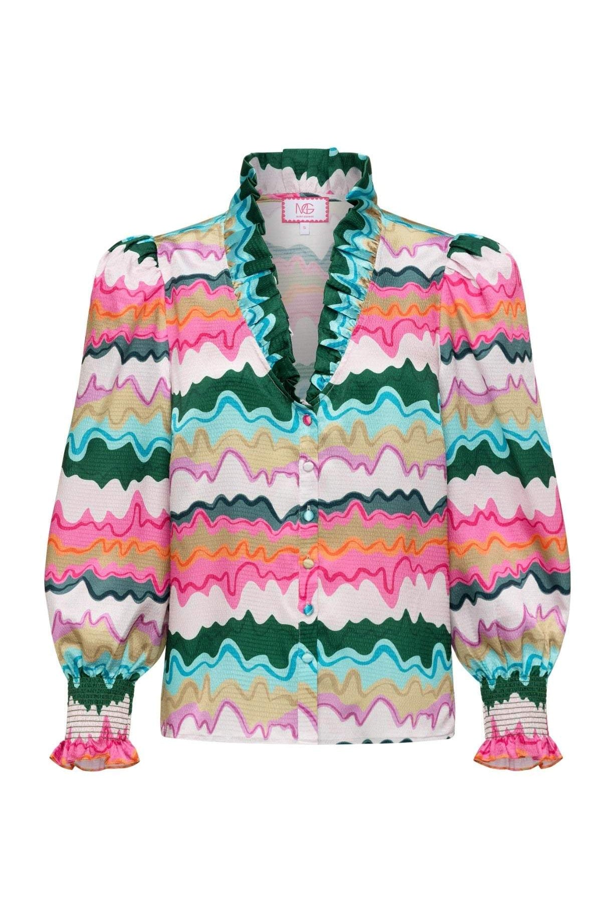 Harper Top long sleeve with ruffle neckline and gold buttons in colorful wavy pattern