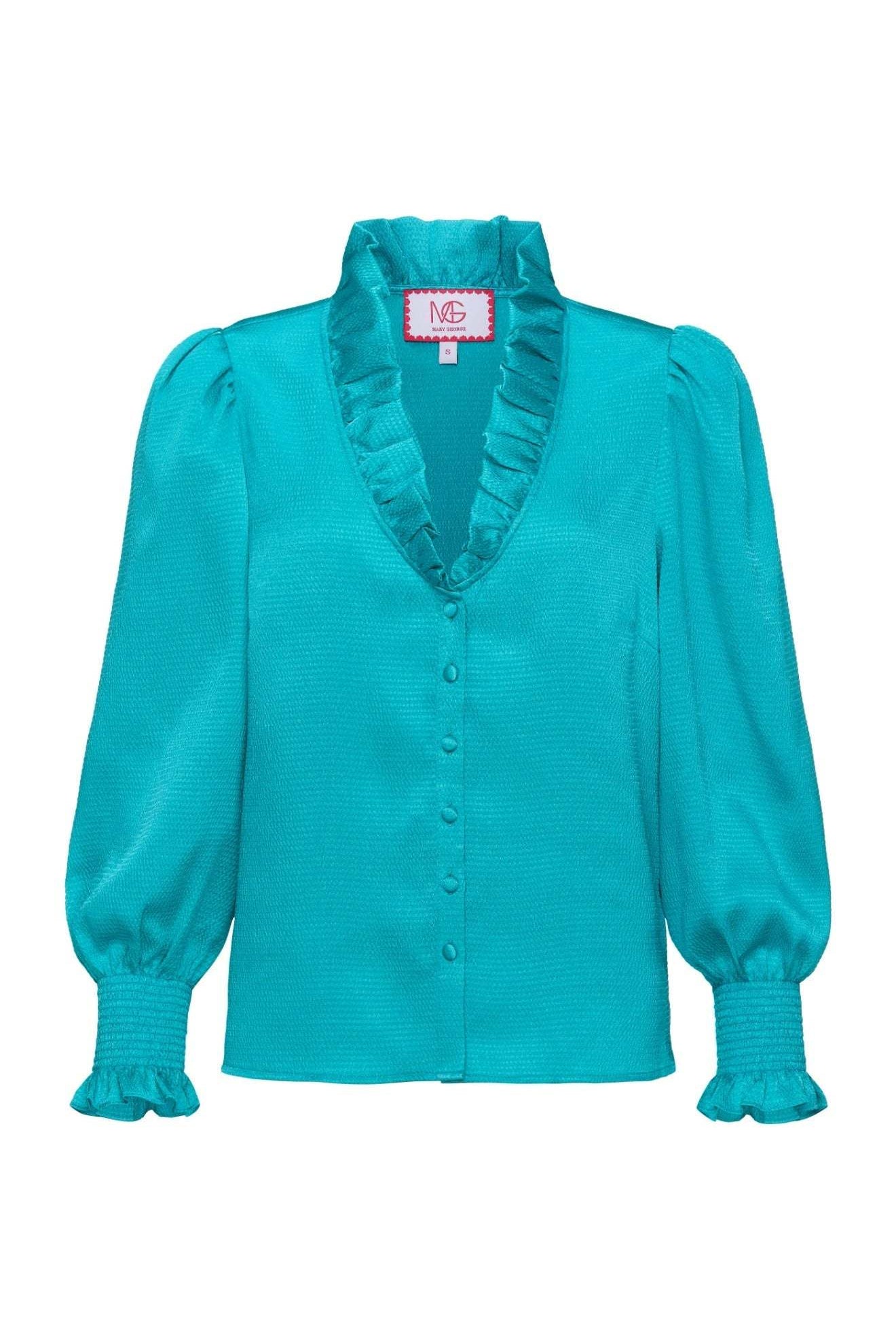 Harper Top long sleeve turquoise blouse with ruffle neckline and gold button front closure