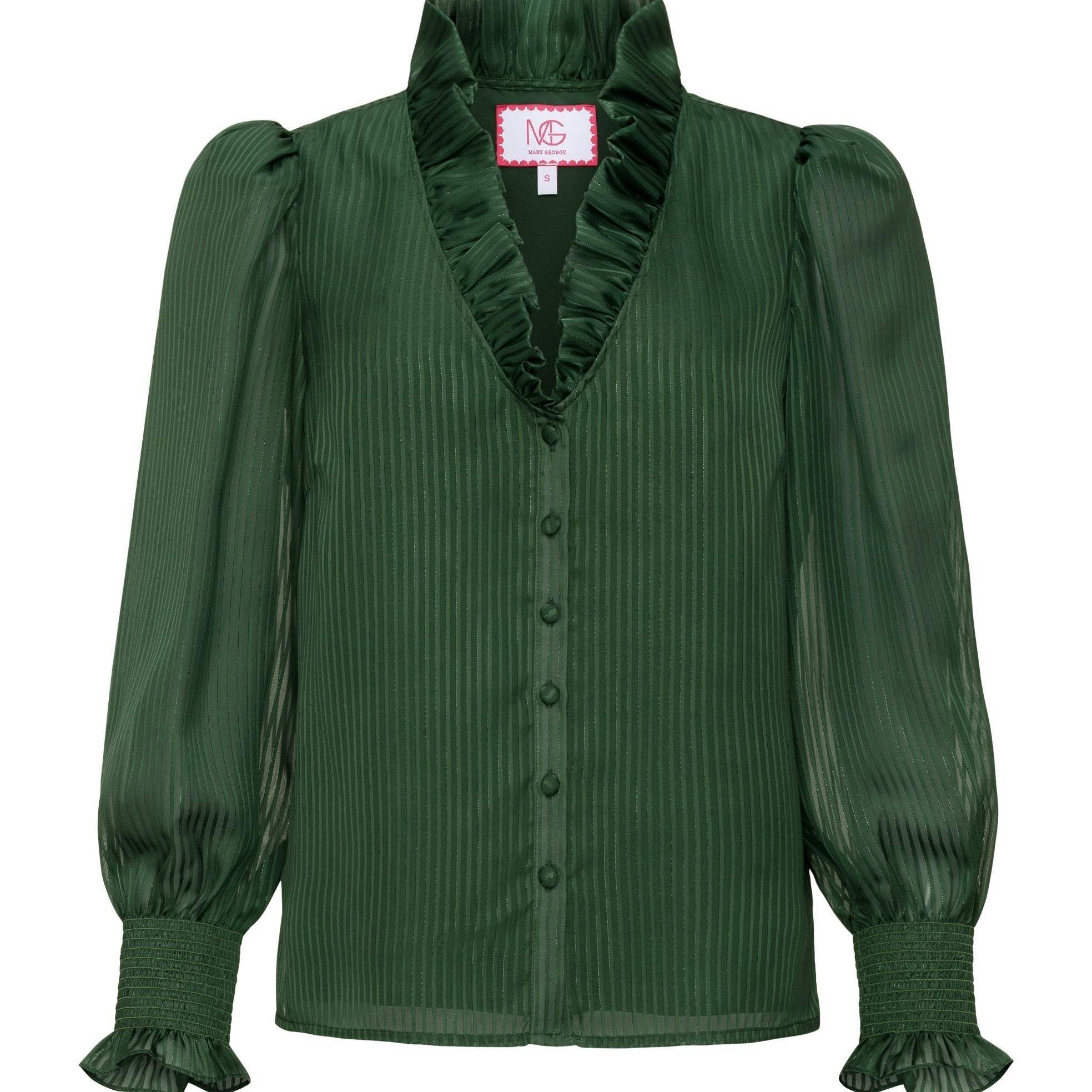 Green Harper Top with ruffle neckline and gold buttons long sleeve blouse