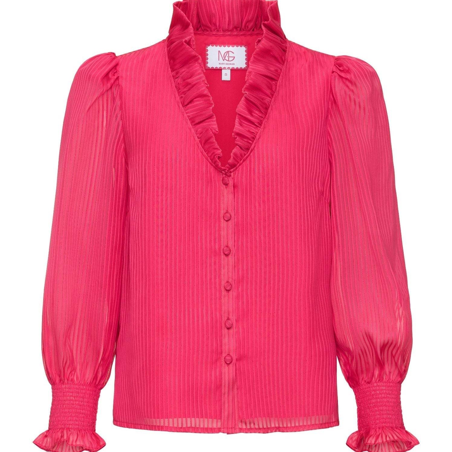 Harper Top long sleeve pink ruffle neckline gold buttons textured fabric