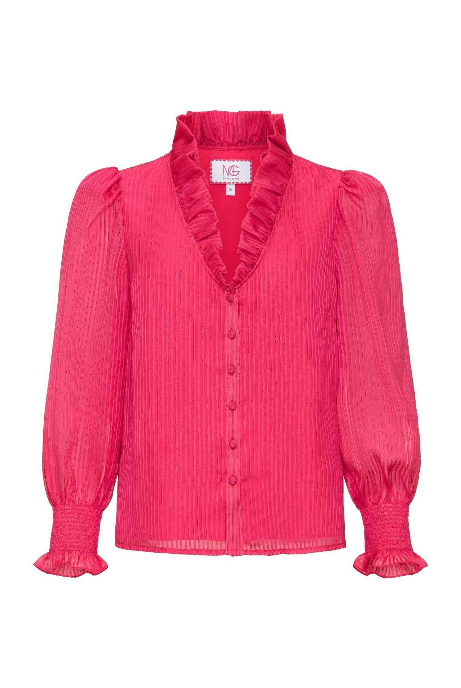 Harper Top long sleeve pink ruffle neckline gold buttons textured fabric