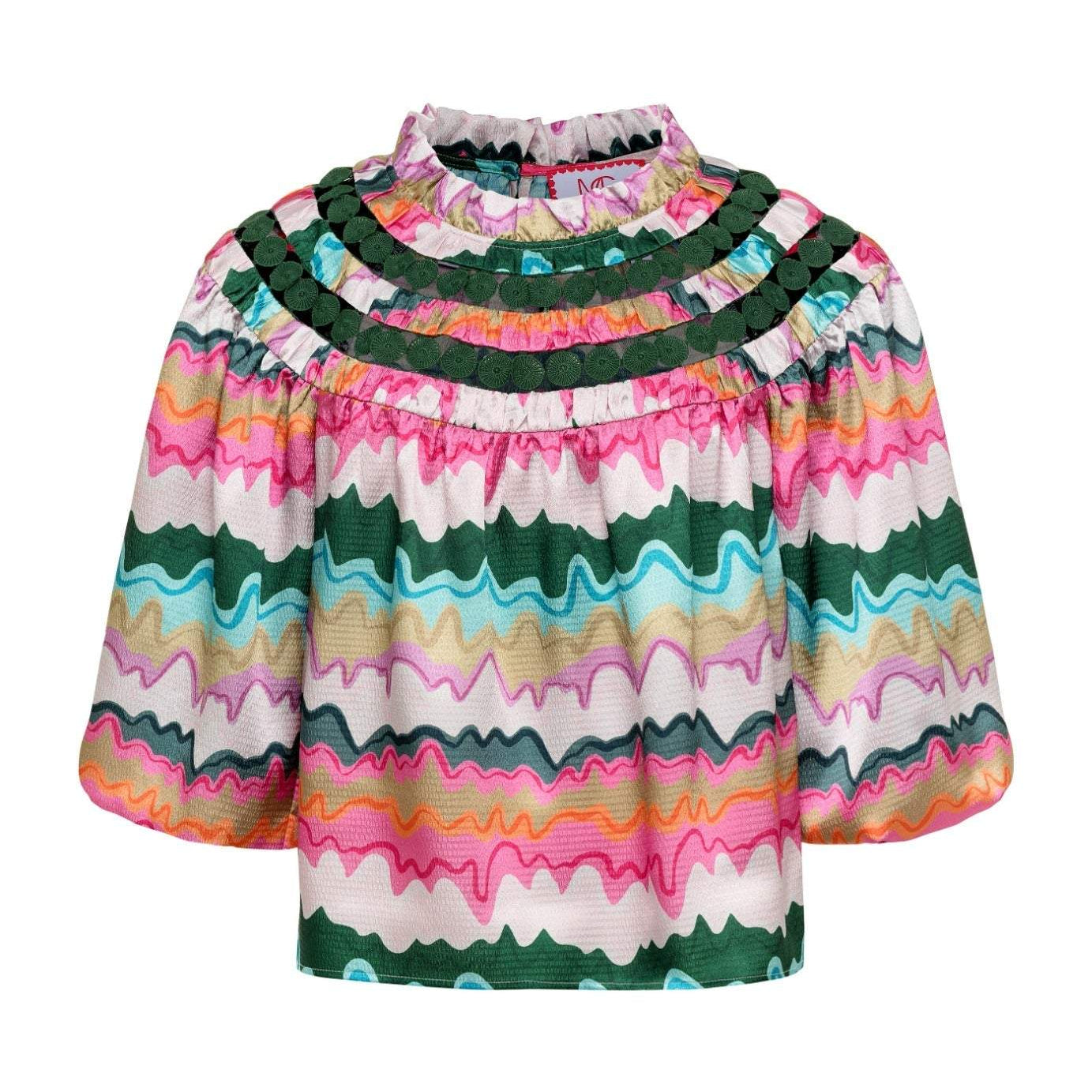 Colorful Sarah Top with wavy pattern and ruffled neckline trim
