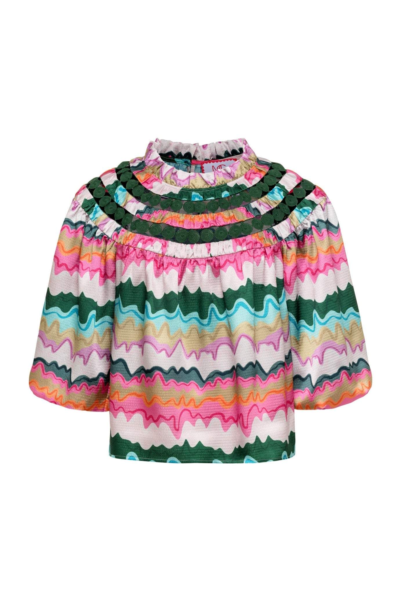 Colorful Sarah Top with wavy pattern and ruffled neckline trim