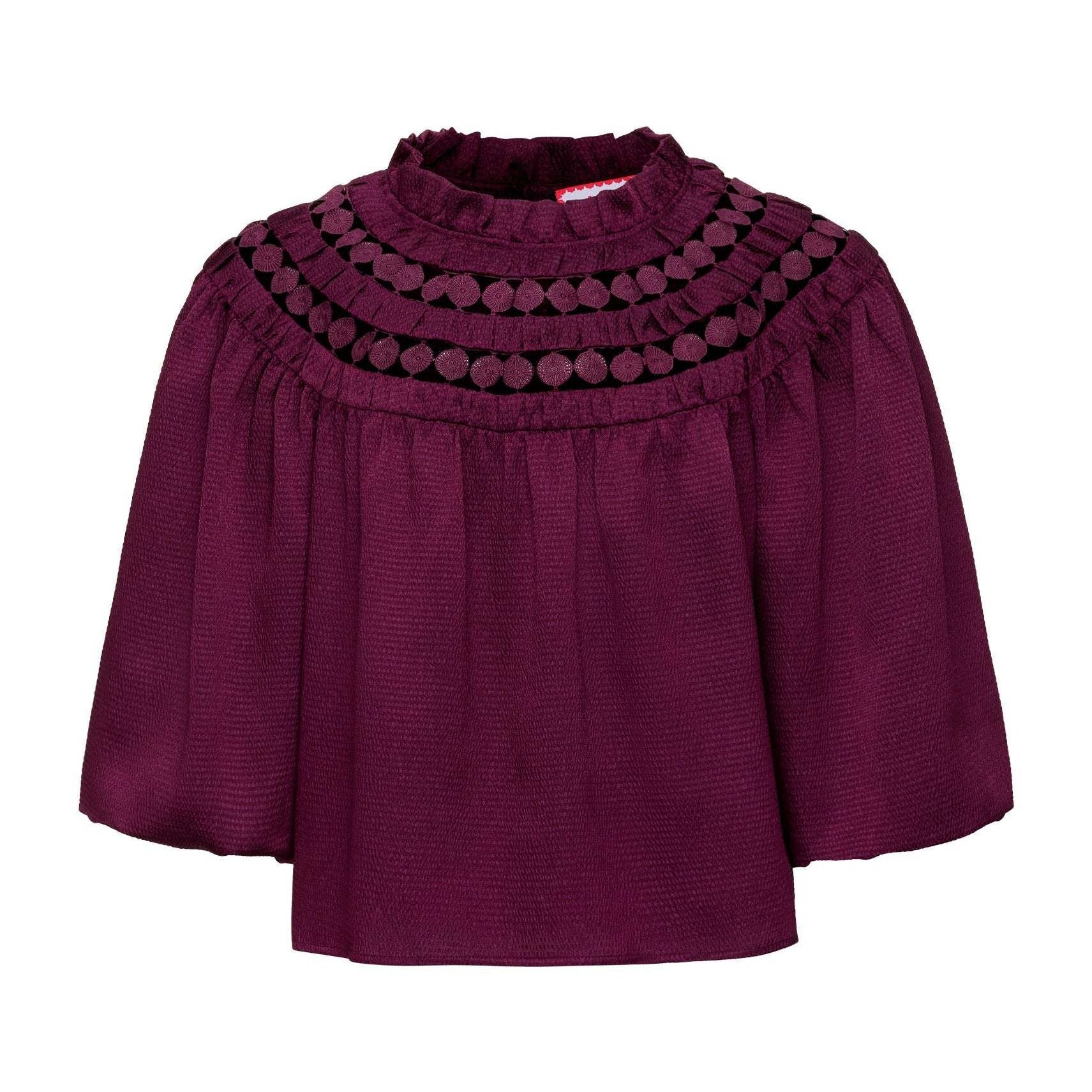Purple Sarah Top with dotted trim and textured hammered poly fabric