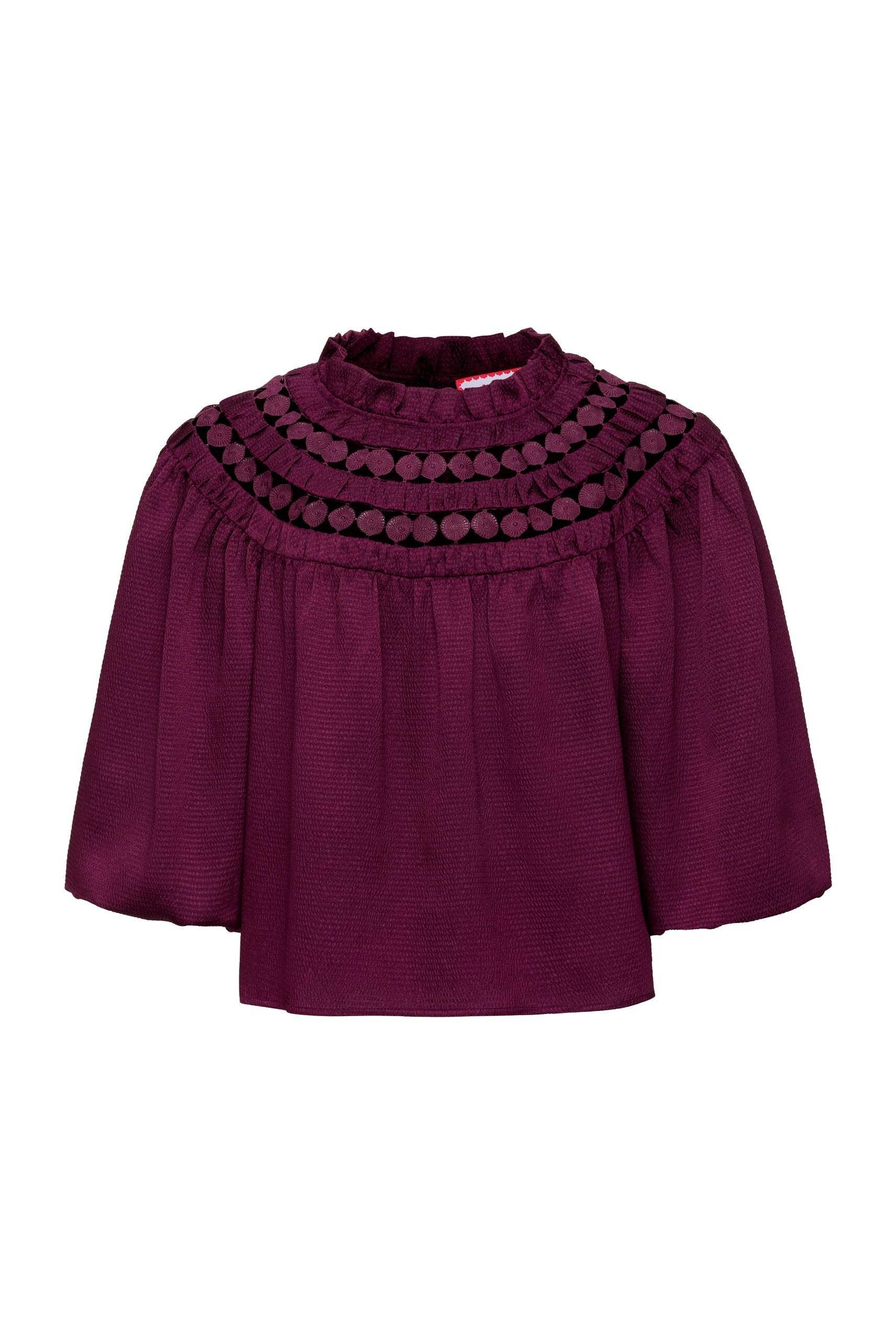 Purple Sarah Top with dotted trim and textured hammered poly fabric