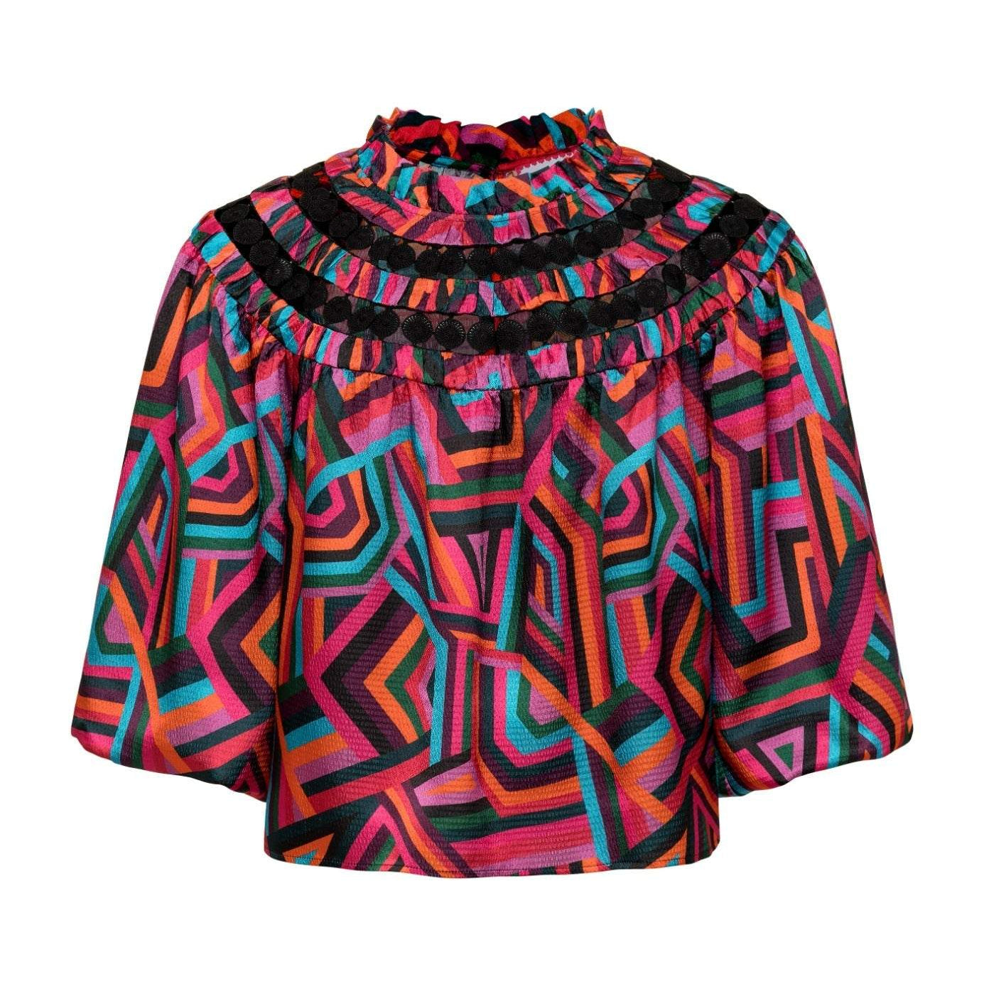 Colorful geometric patterned Sarah Top with ruffled neckline and three-quarter sleeves