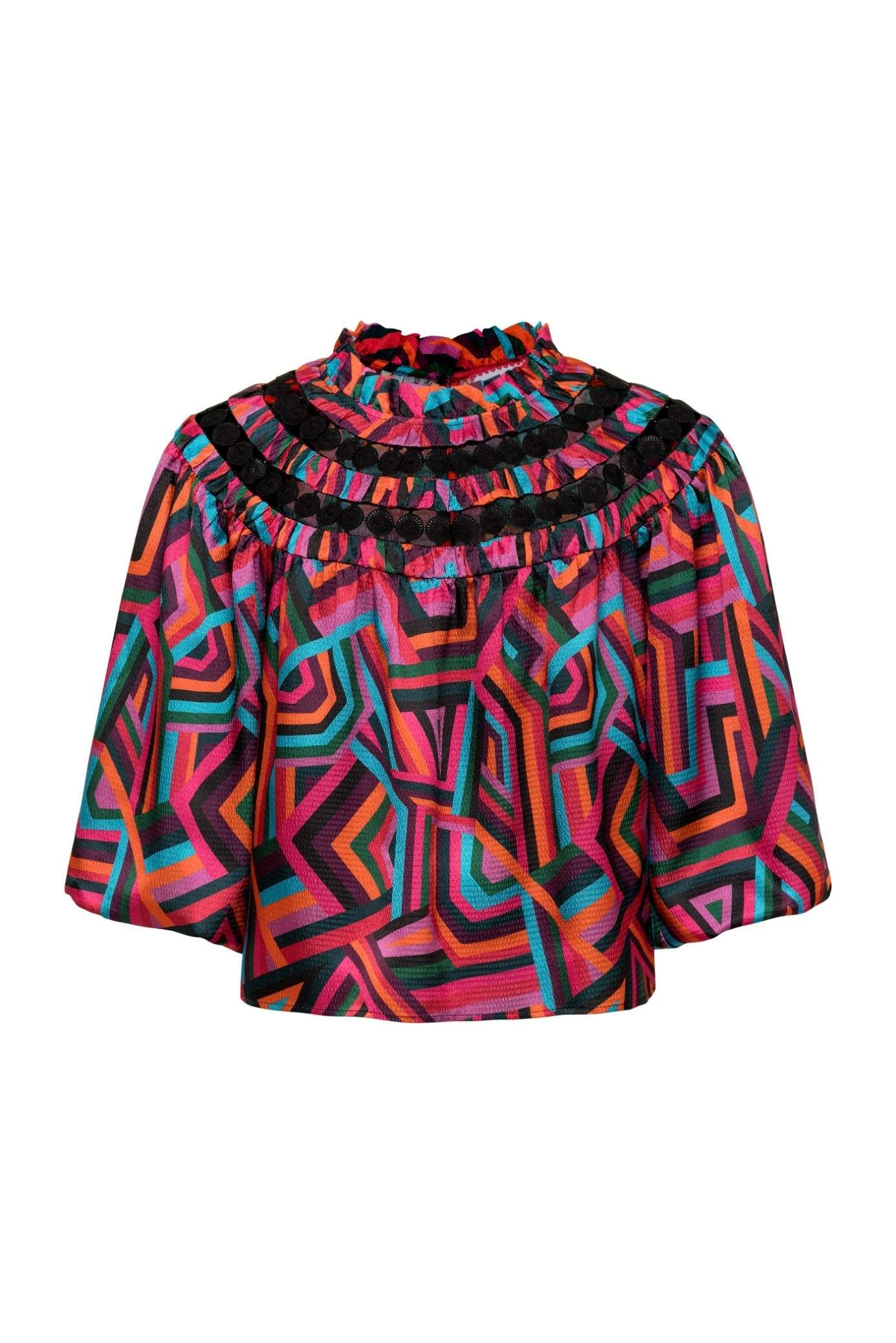 Colorful geometric patterned Sarah Top with ruffled neckline and three-quarter sleeves
