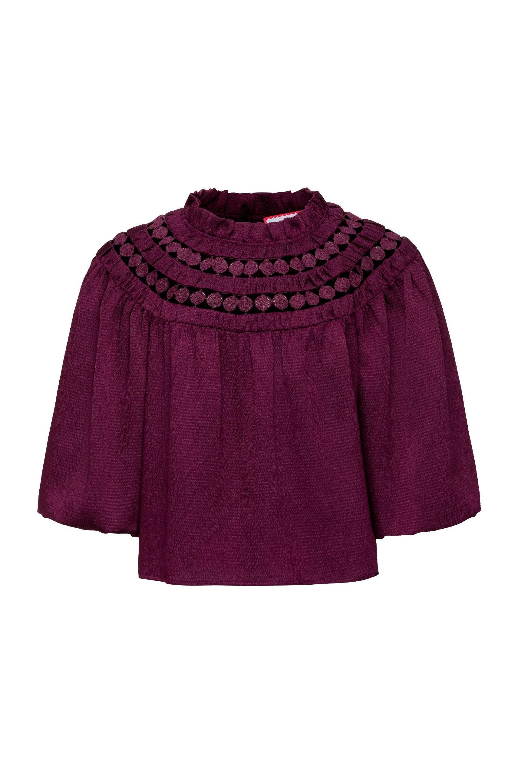 Sarah Top in deep purple with dotted trim and softly textured hammered poly fabric