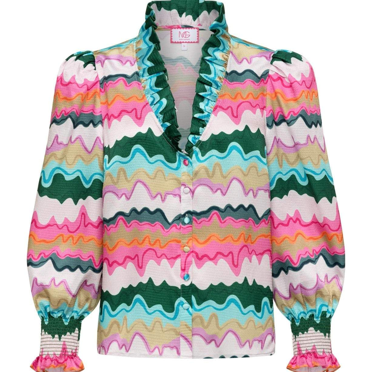 Harper Top long sleeve with ruffle neckline and colorful wavy pattern