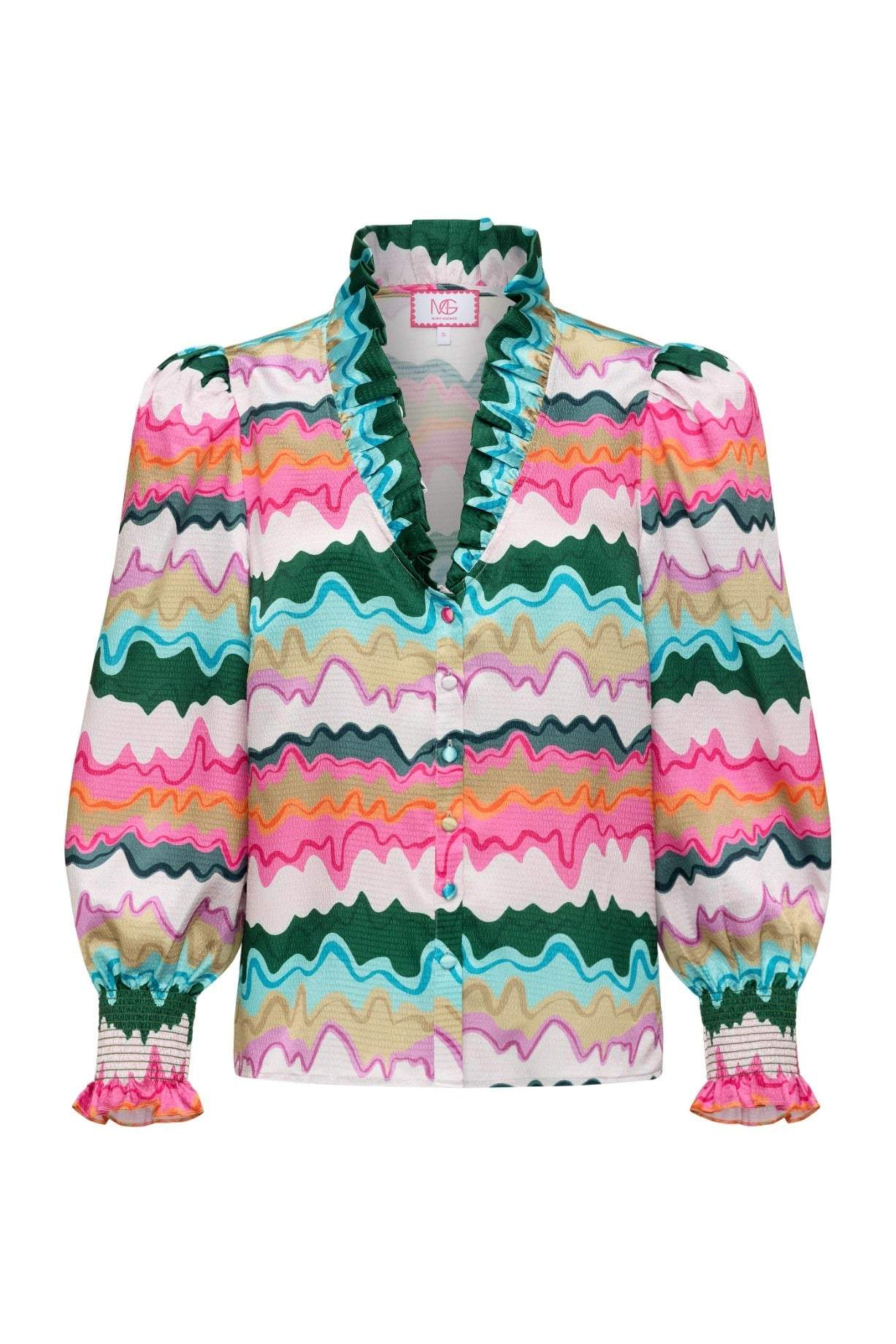 Harper Top long sleeve with ruffle neckline and colorful wavy pattern