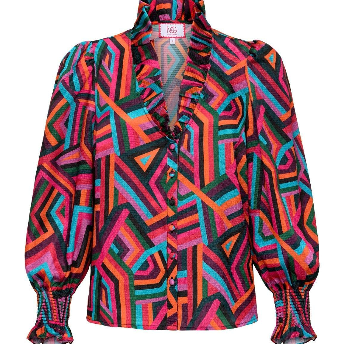 Harper Top long sleeve colorful geometric print ruffle neckline with gold buttons