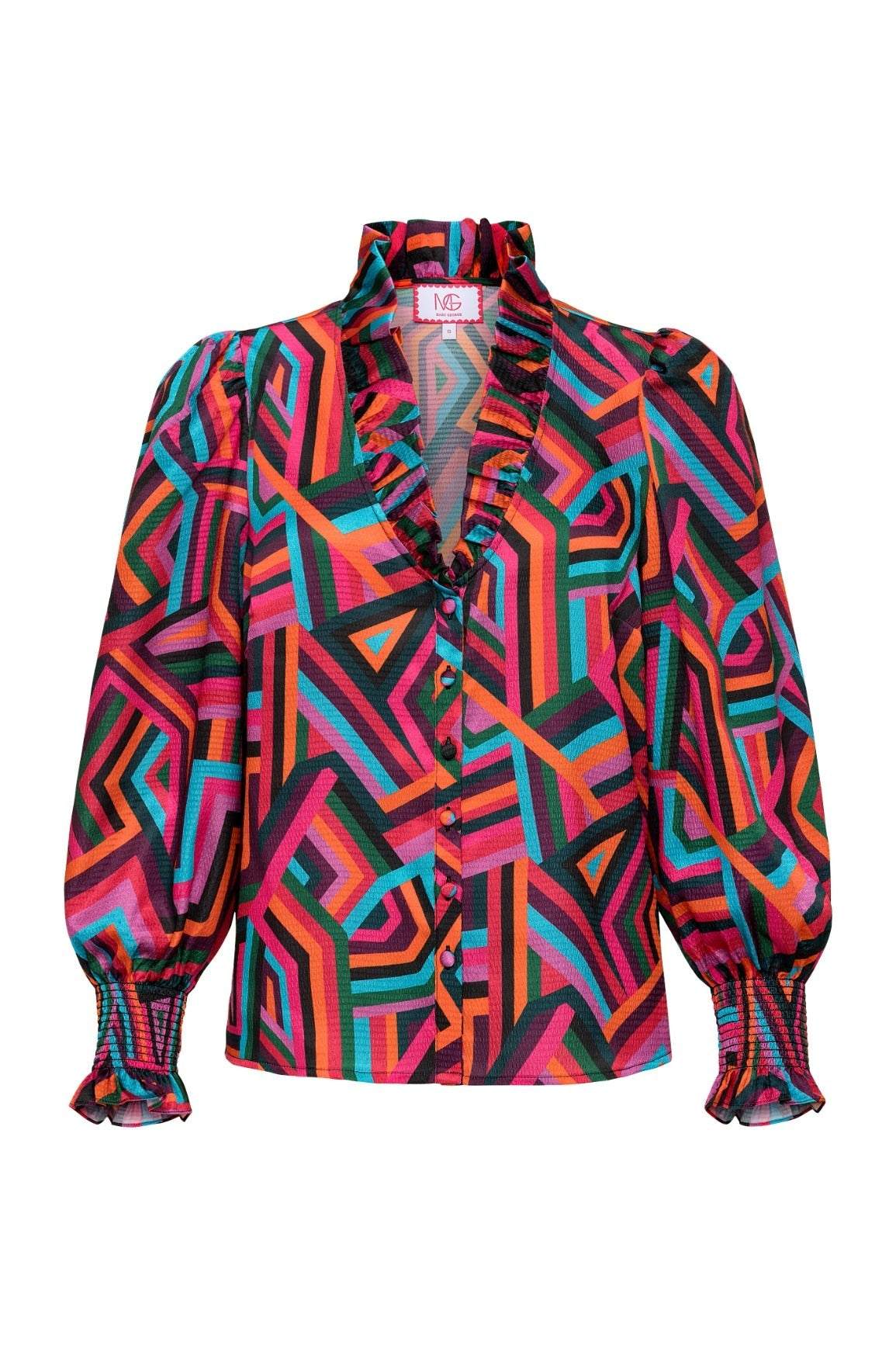 Harper Top long sleeve colorful geometric print ruffle neckline with gold buttons