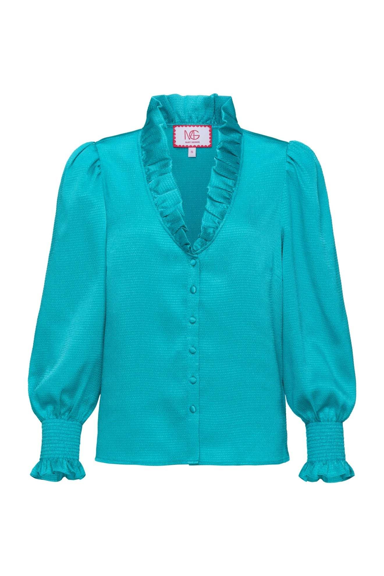 Harper Top long sleeve turquoise blouse with ruffle neckline and gold button front closure