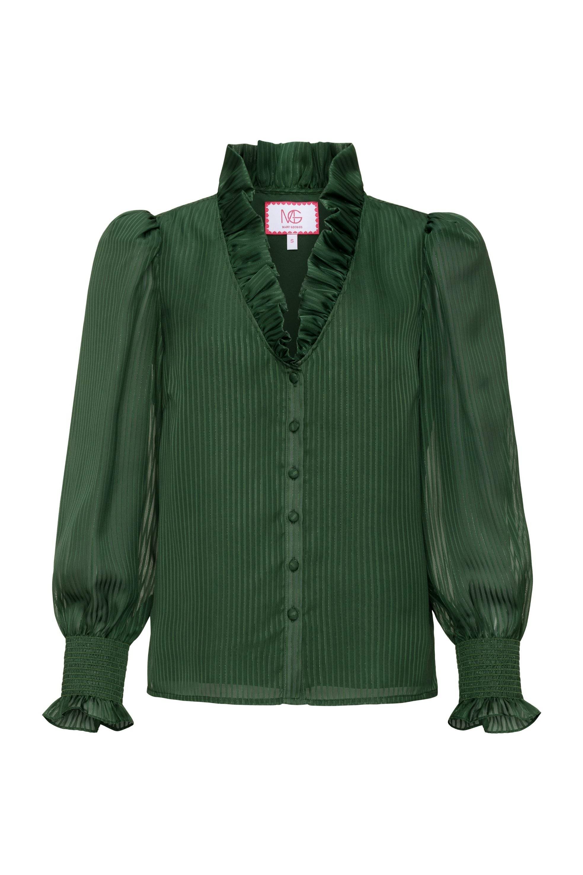 Harper Top long sleeve green blouse with ruffle neckline and gold buttons